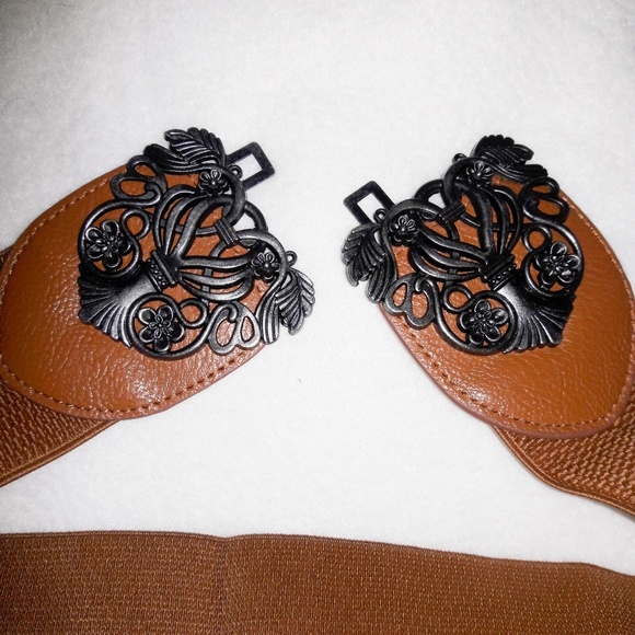 Antiqued Silver Coffee Brown Elastic Waist Belt - Picture 4 of 6